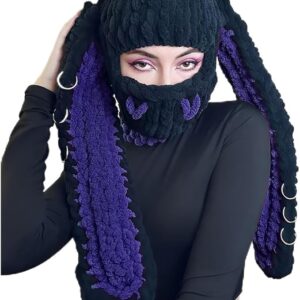 Cagoule lapin en tricot Noir et Violet