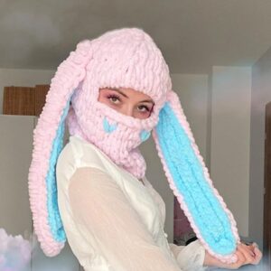 Cagoule lapin en tricot Rose et Bleu