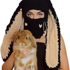 Cagoule lapin en tricot Noir et Beige