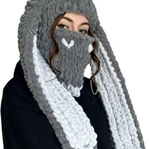 Cagoule lapin en tricot Gris et Blanc