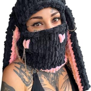 Cagoule lapin en tricot Noir et Rose