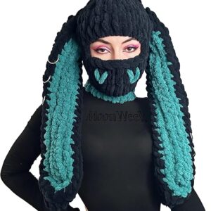 Cagoule lapin en tricot Noir et Vert