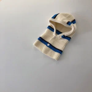 Cagoule tricot rayée beige & bleu