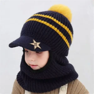 Winter Kids Plus Fleece Beanie Hats Thick Warm Knitted Balaclava Cap For Child Outdoor Girls Boys Face Cover Hairball Bib Mask