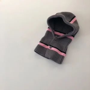 Cagoule tricot rayée gris & rose