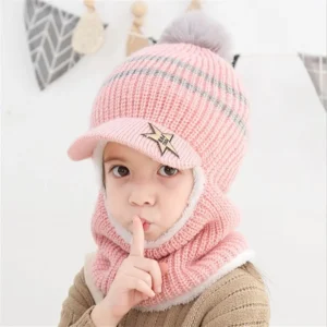 Winter Kids Plus Fleece Beanie Hats Thick Warm Knitted Balaclava Cap For Child Outdoor Girls Boys Face Cover Hairball Bib Mask