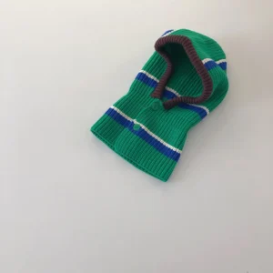 Cagoule tricot rayée vert & bleu
