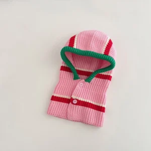 Cagoule tricot rayée rose & rouge