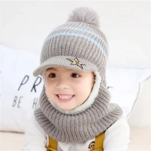 Winter Kids Plus Fleece Beanie Hats Thick Warm Knitted Balaclava Cap For Child Outdoor Girls Boys Face Cover Hairball Bib Mask